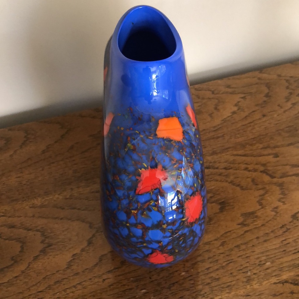 Maureen Williams Signed Australian Studio Art Glass Blue Orange Moon Vase 8" - Picture 4 of 9